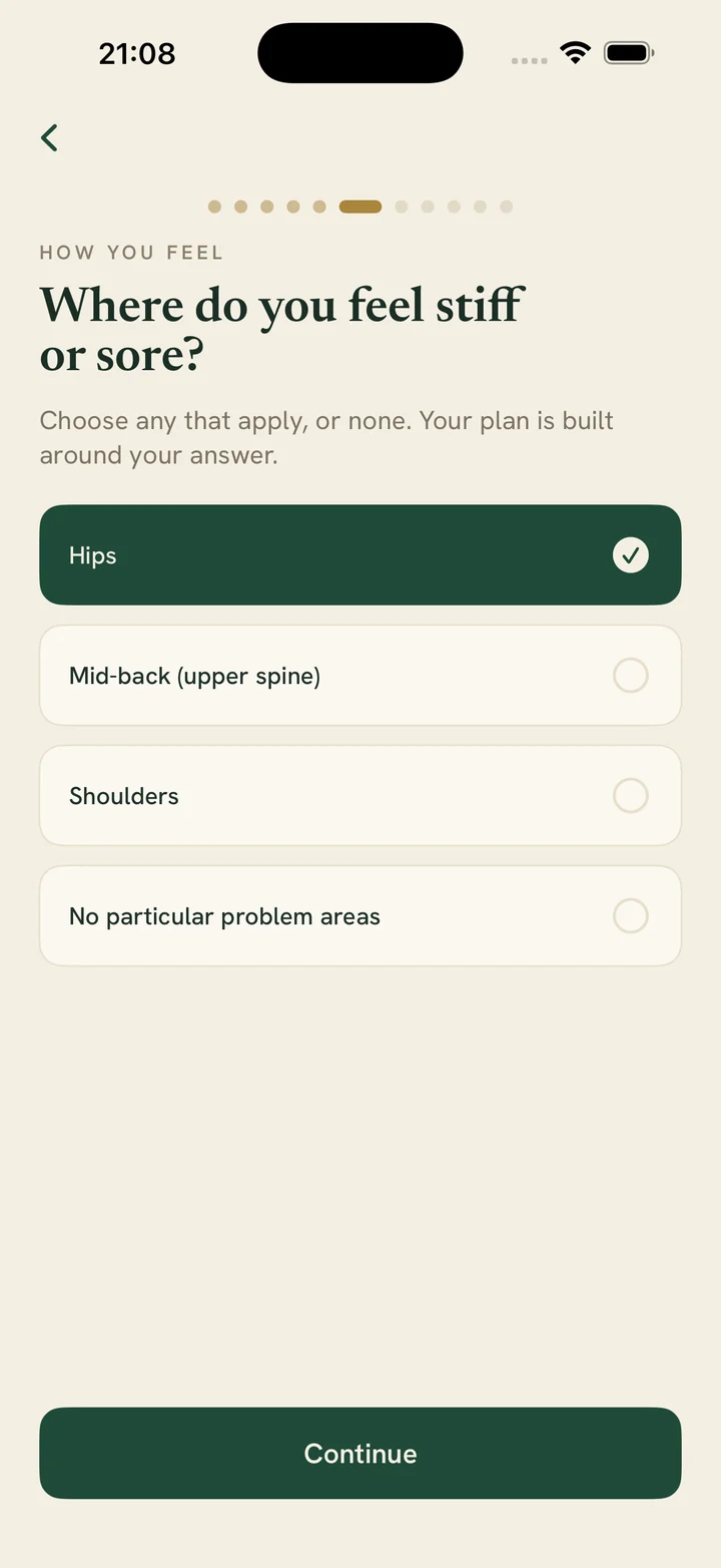 Assessment question: where do you feel stiff or sore, with hips selected