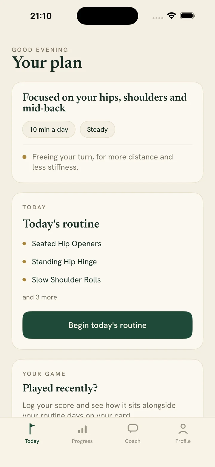 Evergreen's Today screen showing a personal plan focused on hips, shoulders and mid-back